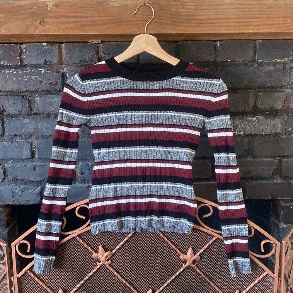 H&M Ribbed Cropped Long Sleeve Sweater w/ Stripes
